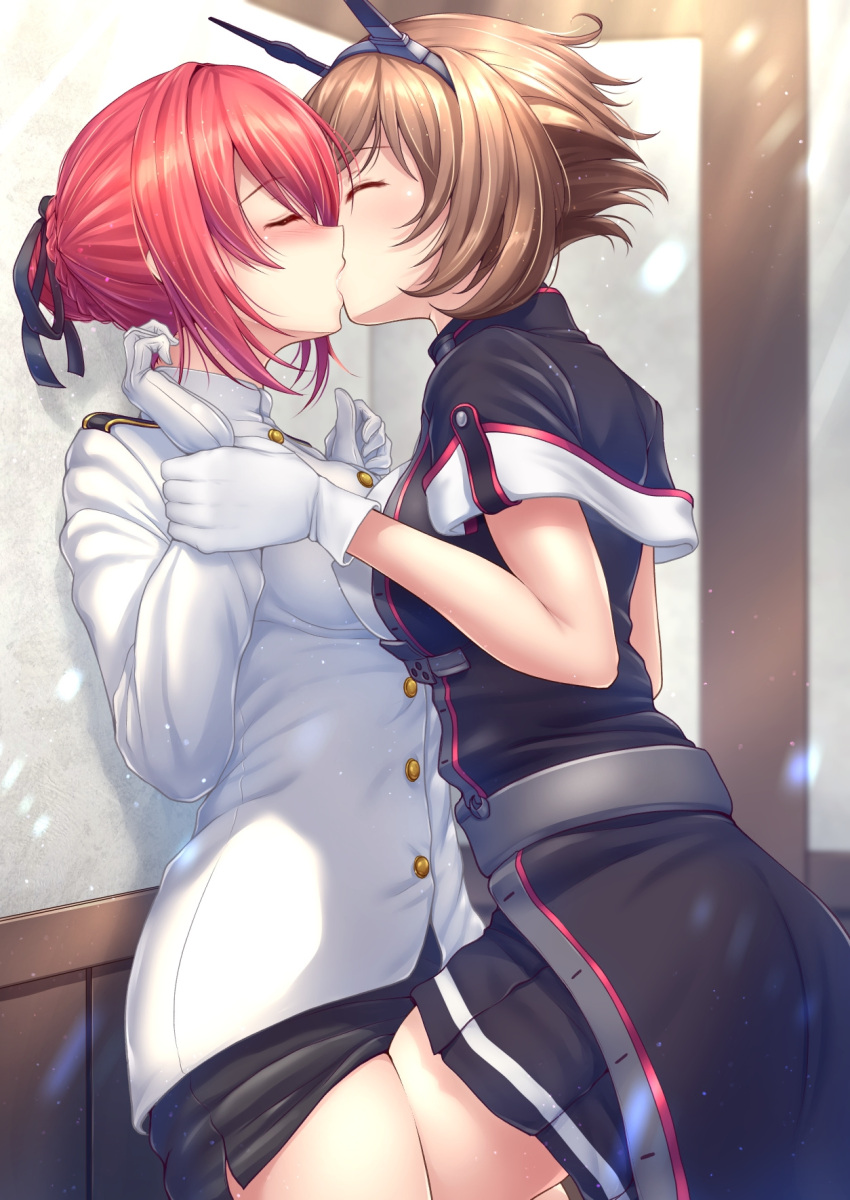 2girls against_wall bangs black_ribbon black_skirt blush braid braided_bun breast_press breasts brown_hair buttons closed_eyes commentary_request commission female_admiral_(kancolle) gloves hair_between_eyes hair_bun hair_ribbon headgear highres kantai_collection kiss large_breasts leg_between_thighs long_sleeves medium_breasts military military_uniform multiple_girls mutsu_(kancolle) mutsu_kai_ni_(kancolle) pleated_skirt red_hair ribbon ryu-akt skeb_commission skirt symmetrical_docking uniform white_gloves yuri