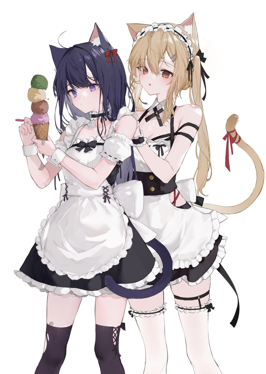 2girls ahoge animal_ear_fluff animal_ears apron bandaid bandaid_on_leg bangs bare_shoulders behind_another black_thighhighs blonde_hair bow bracelet breasts brown_eyes buttons cat_ears cat_girl cat_tail choker cleavage dark_blue_hair detached_sleeves dot_nose dress_bow food frilled_apron frilled_choker frilled_thighhighs frills garter_straps hair_between_eyes hair_bow hair_ornament hairclip hands_on_another's_shoulders highres holding holding_food holding_spoon ice_cream ice_cream_cone jewelry light_blush long_hair maid maid_apron maid_headdress medium_breasts multiple_girls original parted_lips purple_eyes quadruple_scoop red_bow red_ribbon ribbon ribbon-trimmed_bow ribbon-trimmed_sleeves ribbon_trim see-through see-through_legwear short_sleeves simple_background single_garter_strap single_sidelock spoon standing suashi tail tail_ornament tail_ribbon thighhighs twintails white_apron white_background white_bow white_thighhighs