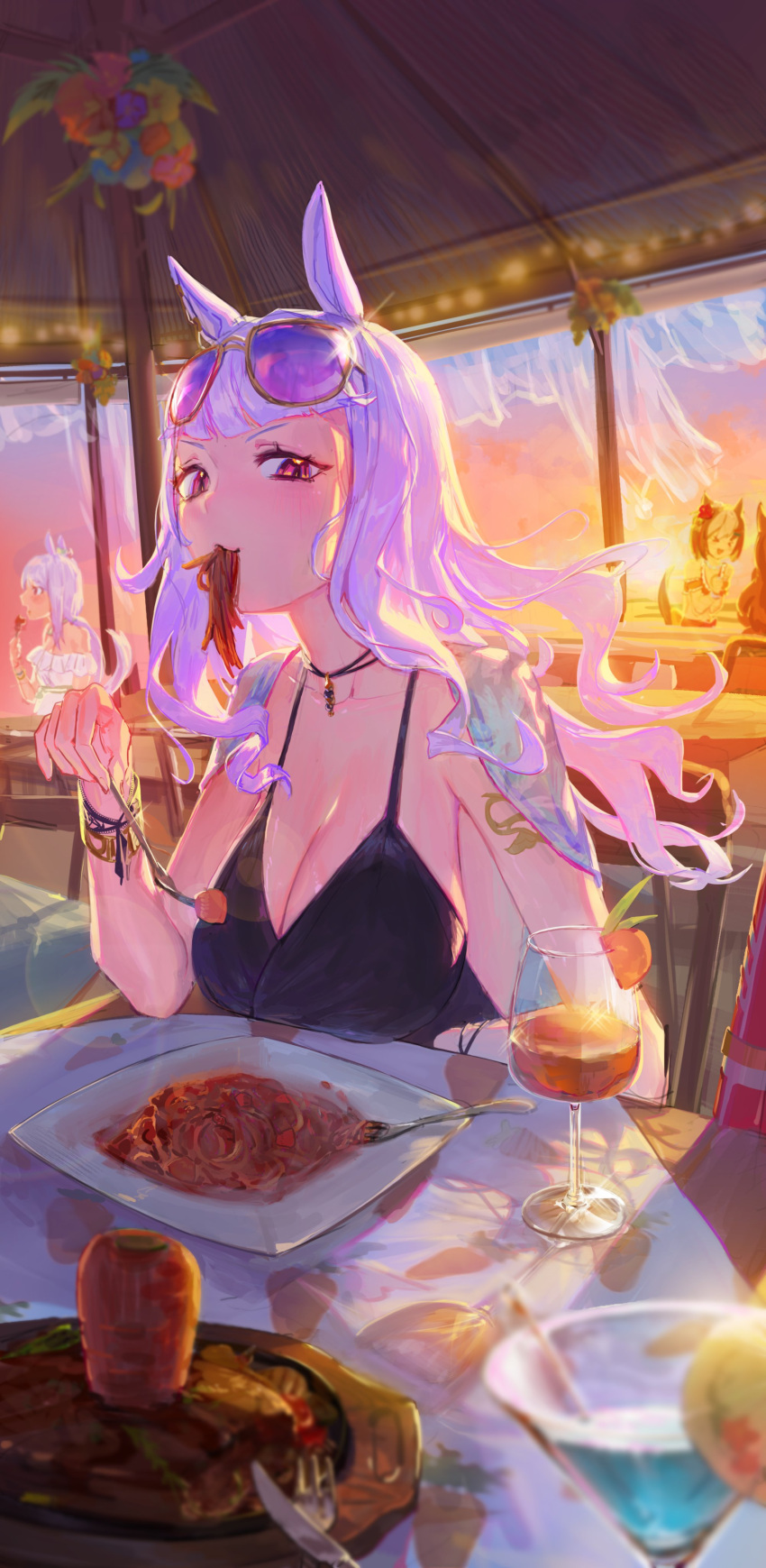 4girls absurdres animal_ears arm_tattoo bangs black_dress black_swimsuit blunt_bangs blush bracelet breasts brown_hair chair character_request cup dress evening eyewear_on_head flower food fork gold_ship_(run_revolt_launcher)_(umamusume) gold_ship_(umamusume) hair_flower hair_ornament highres holding horse_ears horse_girl horse_tail jewelry jongigeguli_rto large_breasts long_hair looking_at_viewer mejiro_mcqueen_(ripple_fairlady)_(umamusume) mejiro_mcqueen_(umamusume) mouth_hold multicolored_hair multiple_girls necklace noodles one-piece_swimsuit outdoors pink_eyes plate purple_hair short_hair sitting sky special_week_(hopping_vitamin_heart)_(umamusume) special_week_(umamusume) sunglasses super_smashing_summer_vacation_(umamusume) swimsuit table tail tattoo tropical_drink umamusume white_hair