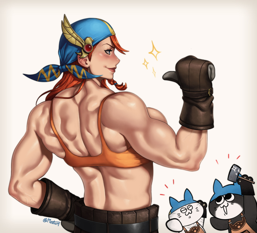 1girl back bandana braid felyne gloves green_eyes looking_to_the_side minayle_(monster_hunter) monster_hunter_(series) mootium muscular muscular_female pointing pointing_at_self red_hair smile sparkle tank_top veins veiny_arms white_background