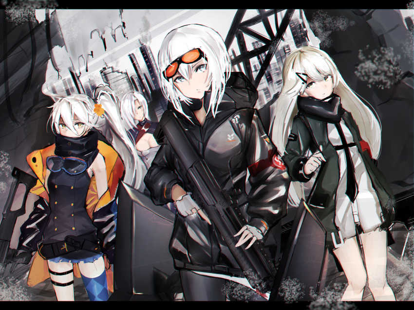 4girls \||/ absurdres argyle bangs blue_thighhighs breasts cleavage closed_mouth clothing_request collared_jacket commentary dot_nose expressionless fingerless_gloves girls'_frontline gloves goggles green_eyes grey_eyes gun h&amp;k_mg4 h&amp;k_mg5 hair_between_eyes hair_over_one_eye highres holding holding_gun holding_weapon jacket legs_apart long_hair long_sleeves looking_at_viewer mg4_(girls'_frontline) mg5_(girls'_frontline) multiple_girls off_shoulder open_clothes open_jacket outdoors pkp_(girls'_frontline) pnatsu ruins short_hair side_ponytail single_thighhigh thigh_strap thighhighs weapon white_hair yellow_eyes