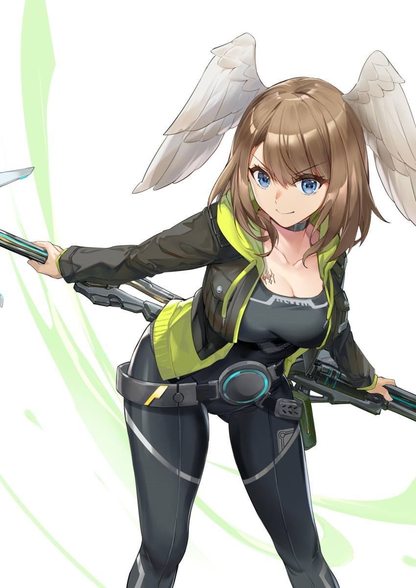 1girl 463_jun absurdres belt bent_over black_shirt blue_eyes breasts brown_hair choker cleavage collarbone eunie_(xenoblade) feet_out_of_frame head_wings highres holding holding_weapon large_breasts looking_at_viewer pants scoop_neck shirt simple_background smile tattoo tight tight_pants weapon xenoblade_chronicles_(series) xenoblade_chronicles_3