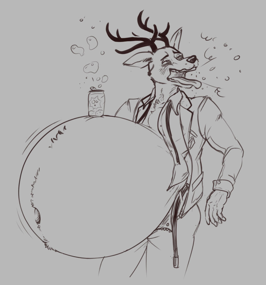 2022 anthro antlers beastars belly belt beverage beverage_can big_belly bloated blush bubble burping cervid cervine clothing eggo21 fur hi_res horn hyper hyper_belly jacket louis_(beastars) male mammal monochrome nausea navel necktie object_on_belly overweight red_deer sketch soda solo tongue tongue_out topwear unbuttoned_pants unbuttoned_shirt uniform