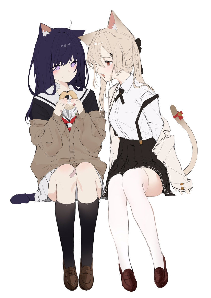 2girls animal_ear_fluff animal_ears bangs black_shirt black_skirt black_socks blush bow brown_cardigan brown_footwear brown_hair cardigan cat_ears cat_girl cat_tail closed_mouth collared_shirt doughnut dress_shirt food hair_between_eyes hair_ornament hairclip highres holding holding_food loafers long_hair long_sleeves multiple_girls off_shoulder open_mouth original pleated_skirt puffy_long_sleeves puffy_sleeves purple_eyes purple_hair red_bow sailor_collar shirt shoes simple_background sitting skirt sleeves_past_wrists socks suashi suspender_skirt suspenders suspenders_slip tail tail_bow tail_ornament thighhighs white_background white_sailor_collar white_shirt white_skirt white_thighhighs
