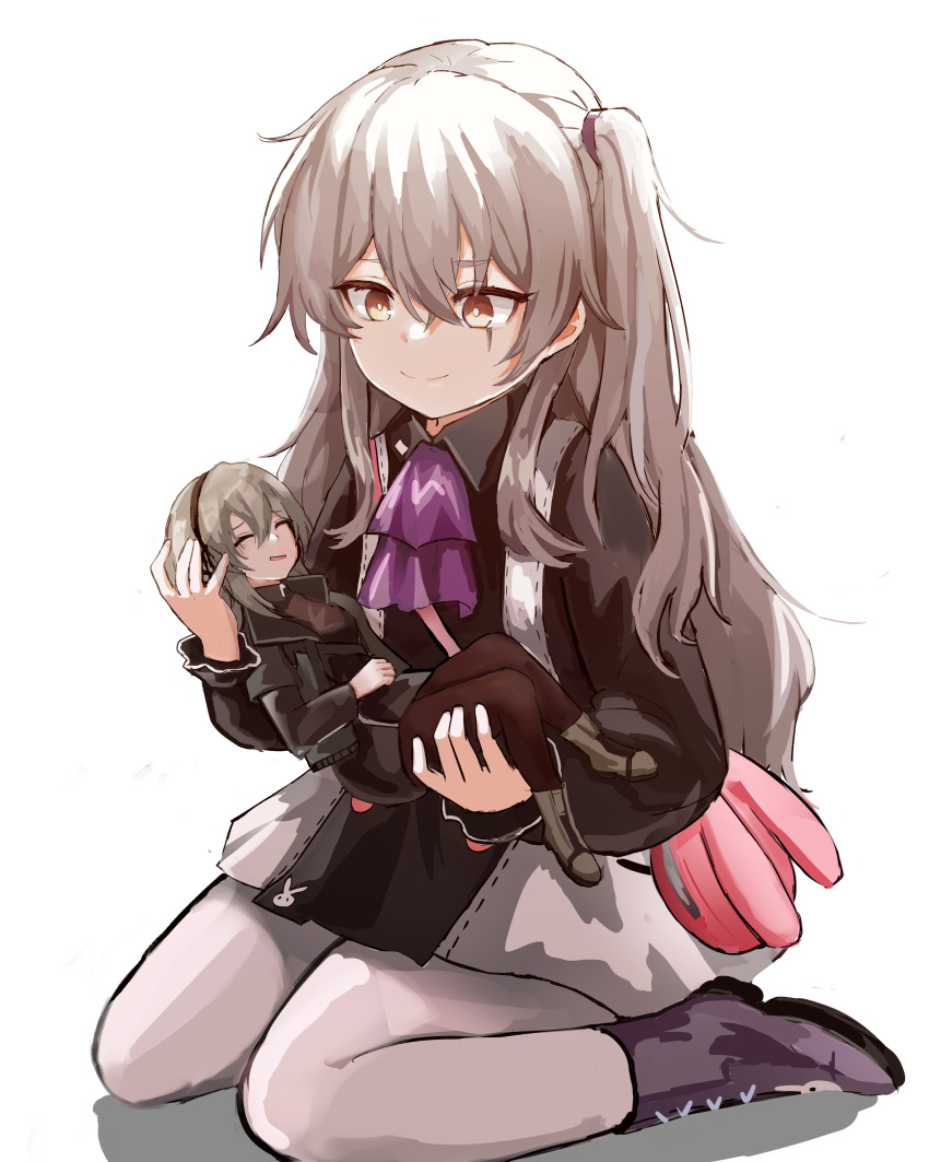 2girls absurdres ascot backpack bag bangs black_dress black_hairband black_jacket black_pantyhose boots brown_eyes brown_footwear closed_eyes closed_mouth commission dress english_commentary full_body giant giantess girls'_frontline grey_hair hairband hand_on_own_stomach highres jacket long_hair long_sleeves looking_at_another min-tami multiple_girls official_alternate_costume on_floor open_clothes open_jacket open_mouth pantyhose pixiv_request purple_ascot purple_footwear scar scar_across_eye shadow side_ponytail smile ump40_(girls'_frontline) ump45_(agent_lop_rabbit)_(girls'_frontline) ump45_(girls'_frontline) white_background white_pantyhose