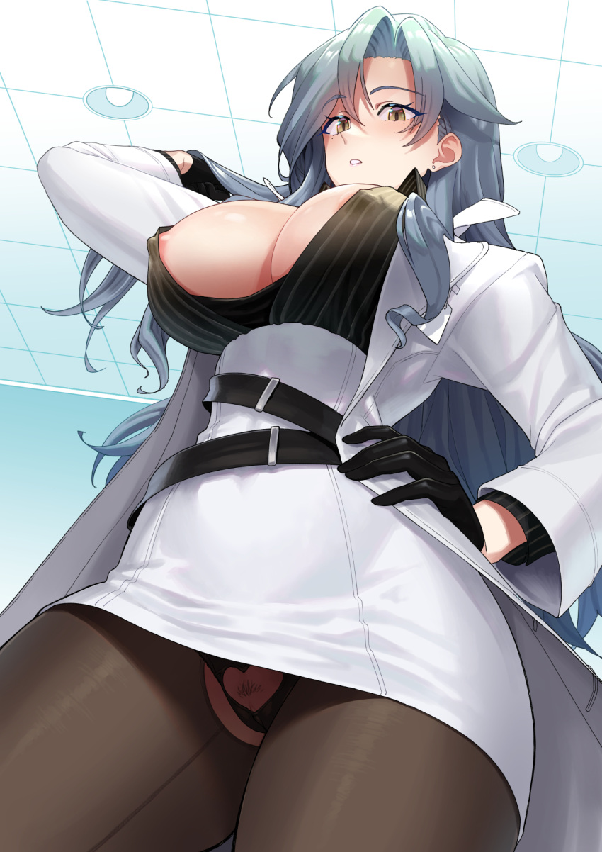 areola_slip azur_lane belt black_gloves black_hair black_shirt breasts chkalov_(azur_lane) cleavage clitoris clothing_cutout coat covered_nipples crotchless crotchless_pantyhose female_pubic_hair from_below gloves green_eyes hand_in_own_hair hand_on_hip high-waist_skirt highres labcoat long_hair nipples no_bra open_clothes open_shirt panties panty_peek pantyhose pencil_skirt pubic_hair pussy shirt shirt_tucked_in skirt striped striped_shirt supurai underwear vertical-striped_shirt vertical_stripes white_coat