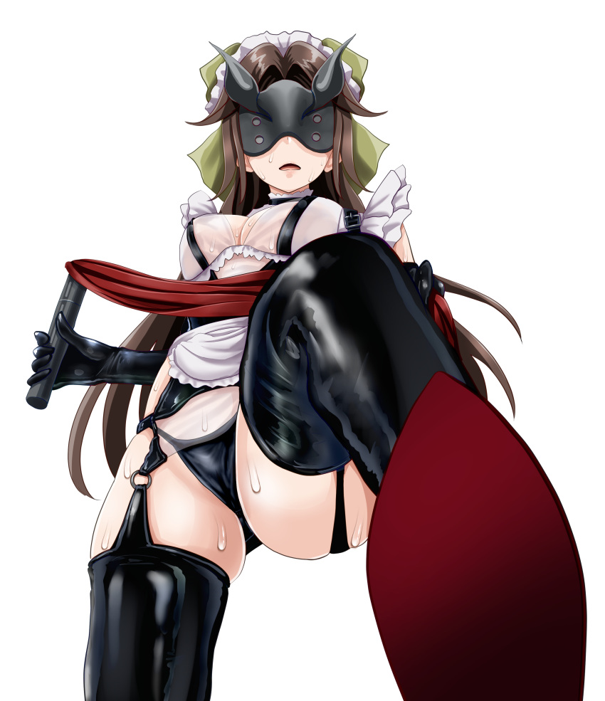 1girl absurdres apron black_footwear black_gloves black_mask black_panties boots bow brown_hair dominatrix elbow_gloves eye_mask flogger frilled_apron frilled_sleeves frills from_below gloves green_bow hair_bow hair_intakes highleg highleg_panties highres holding holding_whip jintsuu_(kancolle) kantai_collection long_hair maid maid_apron maid_headdress open_mouth panties solo sweat thigh_boots tk8d32 transparent_background underwear very_long_hair waist_apron white_apron