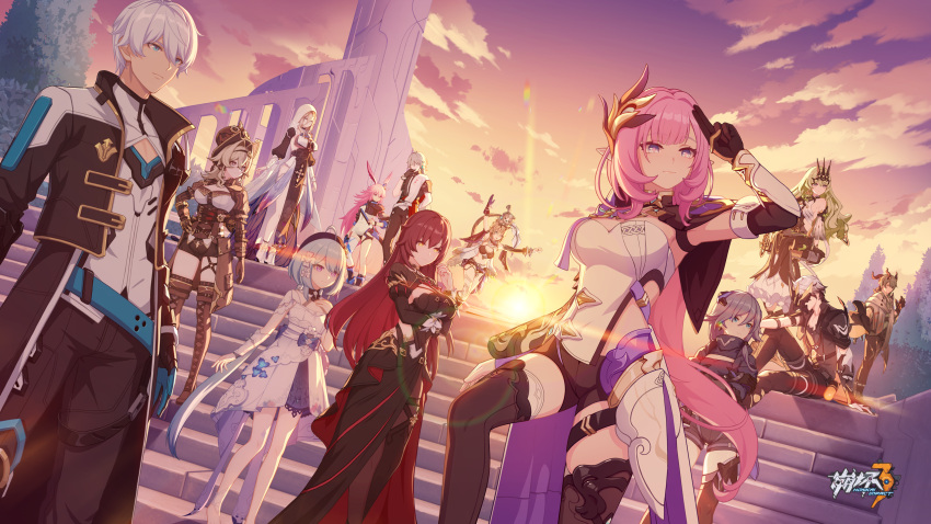 4boys 6+girls a-pose ahoge animal_ears aponia_(honkai_impact) architecture arm_at_side armlet armor armpits bangs belt beret bikini black_bikini black_pants blue_eyes boots bow breasts brooch brown_leggings can_(honkai_impact) capelet cat cat_girl cat_tail chinese_commentary choker cleavage cleavage_cutout closed_eyes closed_mouth clothing_cutout cloud coat contrapposto copyright_name corset cowboy_shot cropped_jacket cropped_shirt crossed_arms crossed_bangs cuff_links dress dress_bow earrings eden_(honkai_impact) elbow_gloves elysia_(honkai_impact) epaulettes everyone faulds flower fu_hua gloves gradient_sky grey_hair griseo groin habit hair_flaps hair_flower hair_intakes hair_ornament halter_dress halterneck hand_on_own_chest hands_on_hips hands_on_own_face hat headdress high_collar high_tops highres hobble_dress honkai_(series) honkai_impact_3rd horns jewelry kalpas_(honkai_impact) kevin_kaslana kosma lace-trimmed_dress lace_trim leaning_forward leggings lens_flare light_blue_hair light_green_hair light_rays light_smile long_hair long_sleeves mask miniskirt mobius_(honkai_impact) multiple_boys multiple_girls nun official_art outdoors outstretched_arms overcoat pants pardofelis_(honkai_impact) pelvic_curtain perspective pink_hair pointy_ears poncho ponytail puffy_sleeves purple_eyes red_hair sakura_(honkai_impact) salute scabbard serious sheath shorts shoulder_pads side_slit sidelocks single_elbow_glove sitting sitting_on_stairs skirt sky stairs standing su_(honkai_impact) sunbeam sunlight sunset swimsuit tabard tail thigh_boots thigh_strap thighhighs top_hat tree turtleneck two-finger_salute vambraces veil vill-v waist_cape white_hair wide_sleeves yellow_eyes