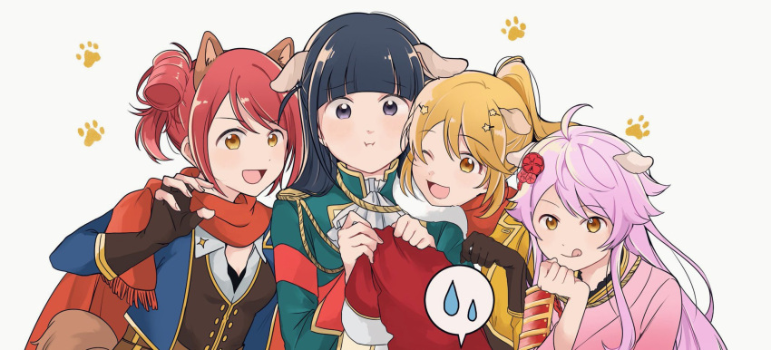 4girls :d :i :q ;d ahoge animal_ears aqua_jacket armor ascot bangs belt black_hair blonde_hair blue_jacket blunt_bangs breasts brown_belt brown_gloves brown_shirt buttons claw_pose closed_mouth commentary_request dog_ears dog_girl dog_tail epaulettes extra_ears fingerless_gloves fingernails flower fur-trimmed_jacket fur_trim girl_sandwich gloves grey_background hair_flower hair_ornament hand_on_own_chin hand_up hands_up head_on_another's_shoulder high_ponytail highres holding holding_clothes holding_jacket jacket jacket_removed japanese_armor japanese_clothes kano_misora kemonomimi_mode kimono kote long_hair long_sleeves looking_at_viewer medium_breasts multiple_girls one_eye_closed one_side_up ootsuki_aruru open_clothes open_jacket otonashi_ichie paw_pose paw_print paw_print_background pink_hair pink_kimono ponytail pout purple_eyes red_flower red_hair red_jacket red_scarf sandwiched scarf shirokuma_(reirako-reirako) shirt short_hair shoujo_kageki_revue_starlight shoujo_kageki_revue_starlight_-re_live- side-by-side sidelocks smile speech_bubble spoken_sweatdrop standing star_(symbol) star_hair_ornament sweatdrop swept_bangs tail tongue tongue_out tsuyuzaki_mahiru two_side_up upper_body v-shaped_eyebrows white_ascot white_shirt yellow_eyes yellow_jacket