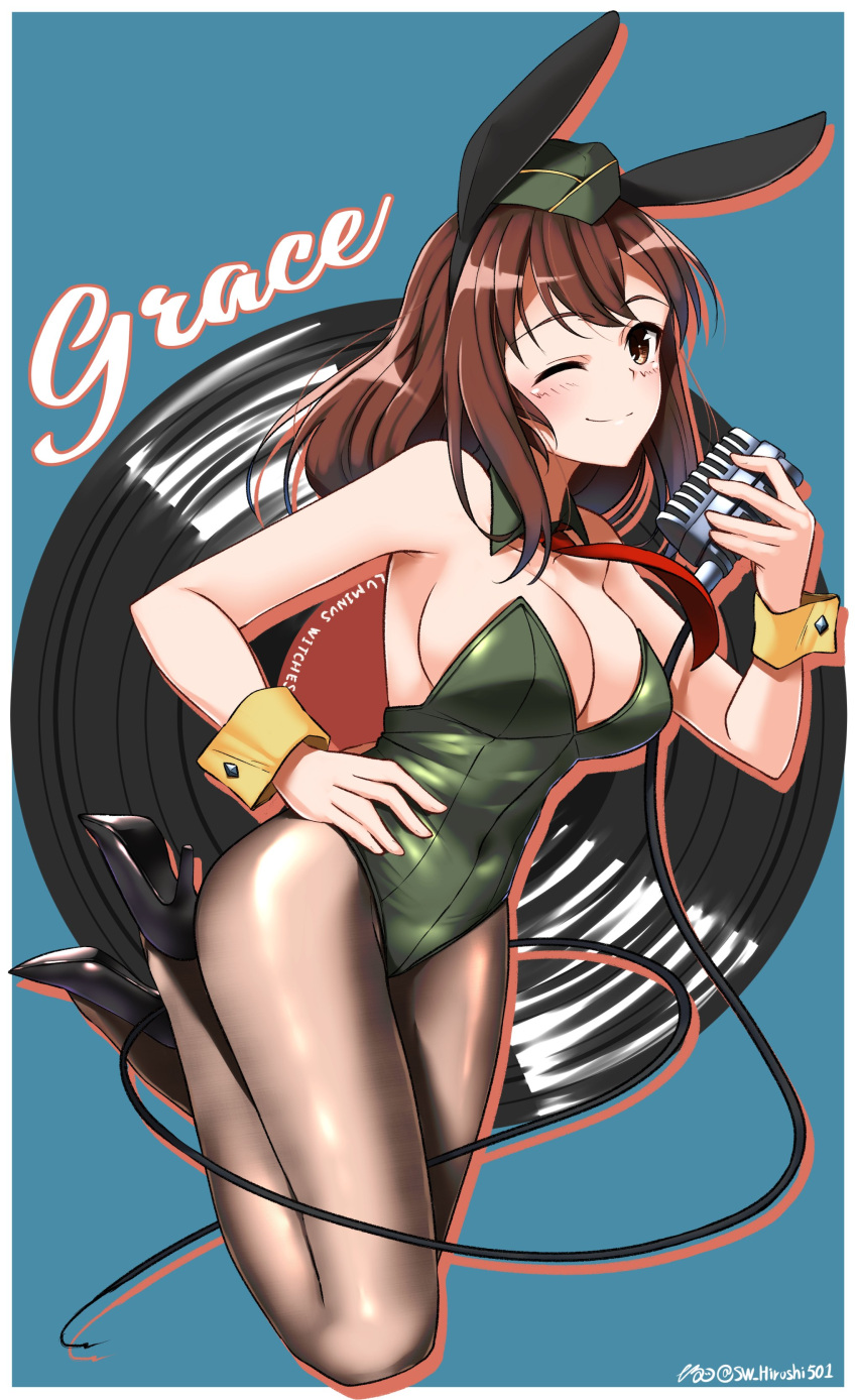 1girl absurdres animal_ears artist_name black_pantyhose blue_background blush breasts brown_eyes brown_hair character_name cleavage closed_mouth covered_navel fake_animal_ears grace_maitland_steward green_leotard hat high_heels highres hiroshi_(hunter-of-kct) large_breasts leotard long_hair luminous_witches military_hat one_eye_closed pantyhose playboy_bunny rabbit_ears record shiny shiny_hair shiny_skin simple_background smile solo world_witches_series