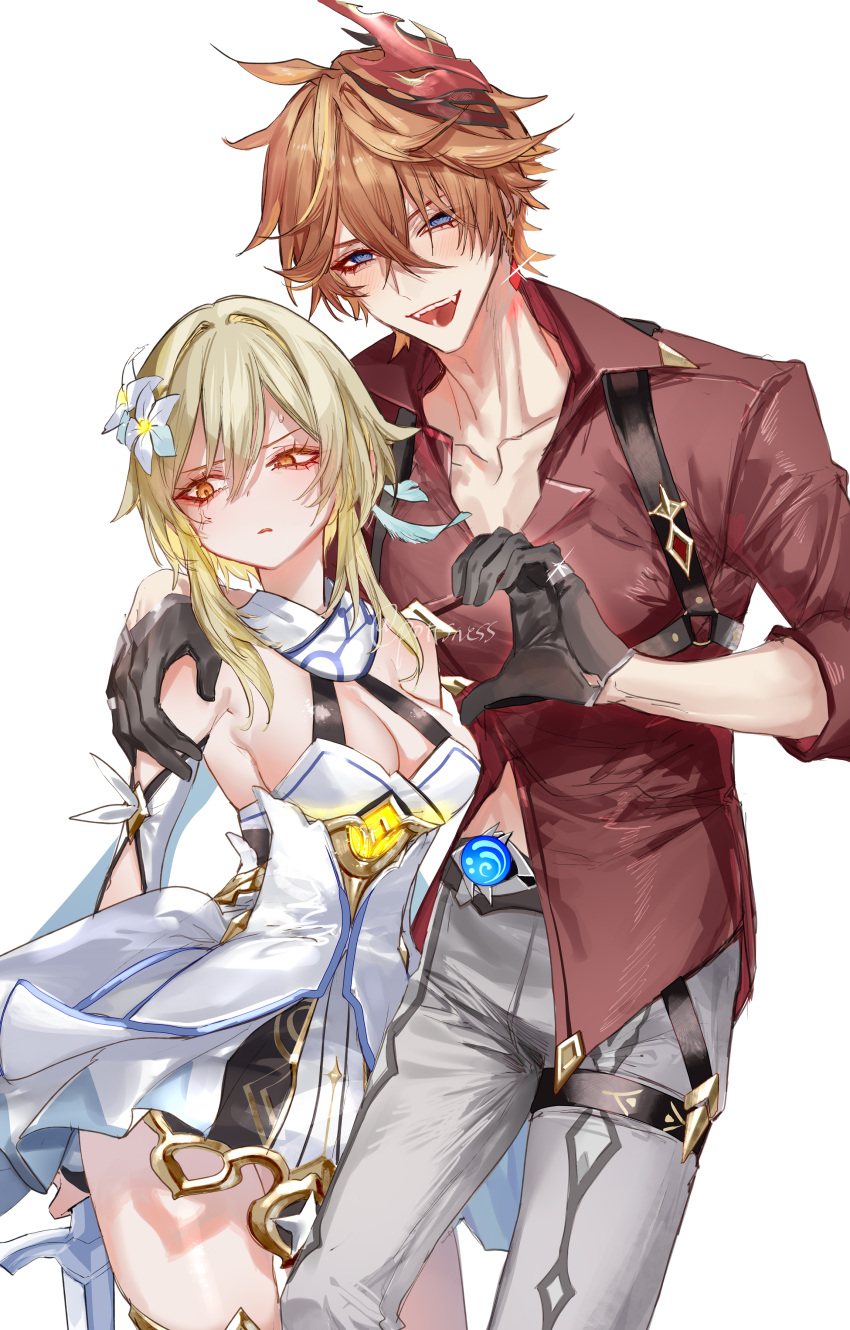 1boy 1girl absurdres anger_vein annoyed bangs black_gloves blonde_hair blue_eyes blush breasts commentary detached_sleeves dress earrings eyelashes fangs flower genshin_impact gloves hair_between_eyes hair_flower hair_ornament hand_on_another's_shoulder heart_hands_failure height_difference highres jewelry lumine_(genshin_impact) mask mask_on_head medium_breasts open_mouth orange_eyes orange_hair pants parted_lips pottsness red_shirt shirt short_hair_with_long_locks simple_background single_earring sparkle sweat symbol-only_commentary tartaglia_(genshin_impact) twitter_username vision_(genshin_impact) white_background white_dress white_flower