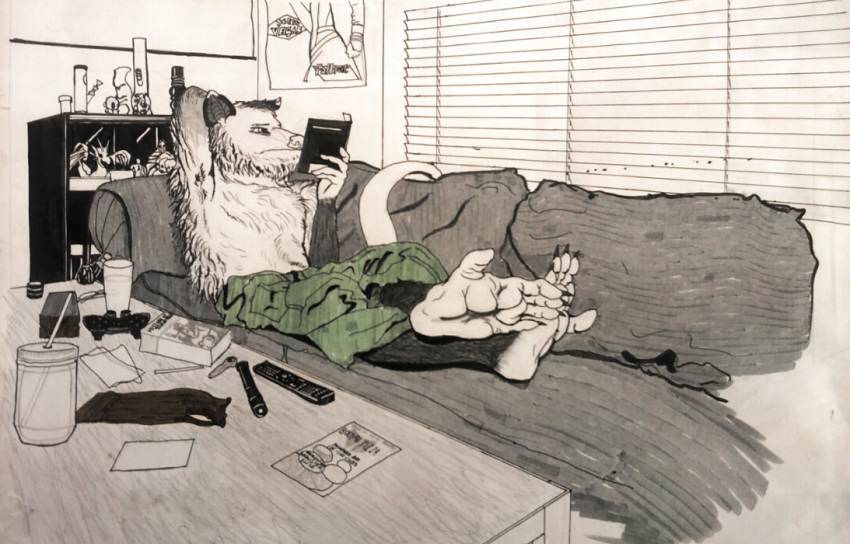 2018 anthro armpit_hair armpit_tuft barefoot beard body_hair bong book bottomwear clothed clothing controller crossed_legs dark_body dark_fur didelphid divdurvart drug_paraphernalia drugs facial_hair feet figurine foot_thumb fur furniture game_controller hindpaw inside leaning leaning_back male mammal marker_(artwork) marsupial pants paws playstation playstation_controller reading reading_book reclining shelf shirtless sketch sofa solo sony_corporation sony_interactive_entertainment table topless traditional_media_(artwork) video_games white_body white_fur window