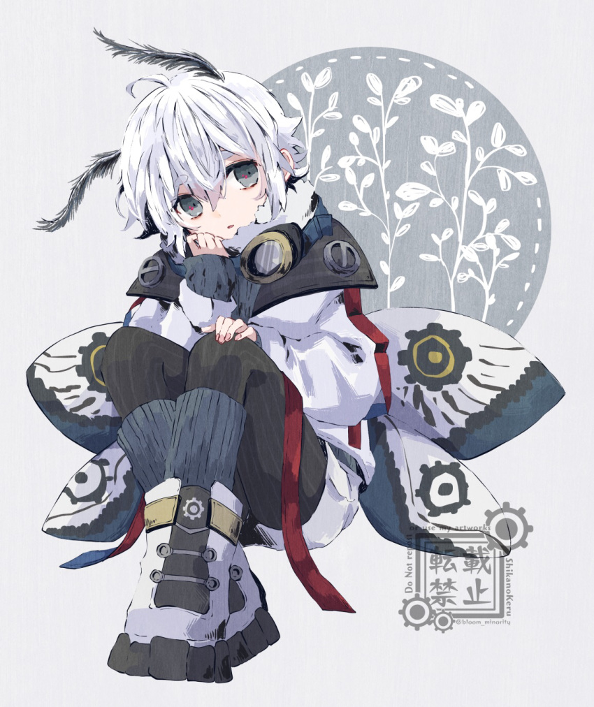 1boy androgynous black_eyes bloomminority facing_viewer fantasy full_body goggles grey_background highres jacket long_sleeves looking_to_the_side male_focus moth_antennae moth_boy moth_wings original parted_lips short_hair sitting solo white_hair wings