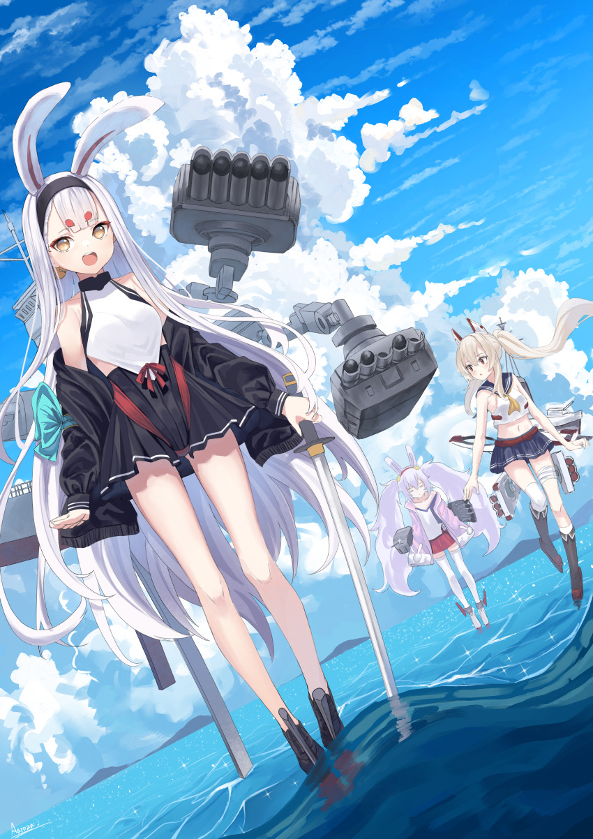 3girls aaroza absurdres animal_ears ayanami_(azur_lane) azur_lane bikini_over_clothes black_hairband black_skirt blonde_hair blue_sailor_collar blue_skirt breasts camisole closed_eyes crop_top fake_animal_ears full_body hairband headgear high_ponytail highres hikimayu holding holding_sword holding_weapon jacket katana laffey_(azur_lane) long_hair miniskirt multiple_girls ocean orange_eyes pink_jacket pleated_skirt ponytail rabbit_ears rabbit_girl red_skirt rigging sailor_collar school_uniform serafuku shimakaze_(azur_lane) shirt skirt sleeveless sleeveless_shirt small_breasts standing standing_on_liquid strap_slip swimsuit_over_clothes sword thighhighs torpedo_launcher torpedo_tubes twintails weapon white_camisole white_hair yellow_eyes