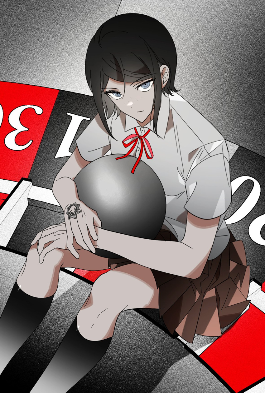 1girl bangs black_socks brown_skirt closed_mouth collared_shirt danganronpa:_trigger_happy_havoc danganronpa_(series) dress_shirt feet_out_of_frame grey_eyes grey_shirt hand_tattoo highres ikusaba_mukuro kneehighs minigirl neck_ribbon pleated_skirt red_ribbon ribbon roulette roulette_table shirt short_hair short_sleeves sitting skirt socks solo tattoo vo1ez