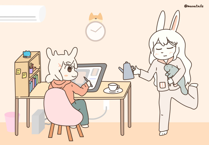 air_conditioner anthro bovid caprine clock clothing drawing_tablet duo female furniture goat hi_res lagomorph leporid mammal manatails manatee manateebun_(manatails) marine pajamas rabbit sirenian table teapot