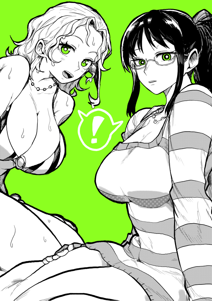 2girls absurdres black_hair breasts glasses highres jewelry large_breasts looking_at_viewer multiple_girls nami_(one_piece) necklace nico_robin one_piece one_piece:_strong_world open_mouth ponytail simple_background sweater swimsuit wet wet_hair yotsumi_shiro