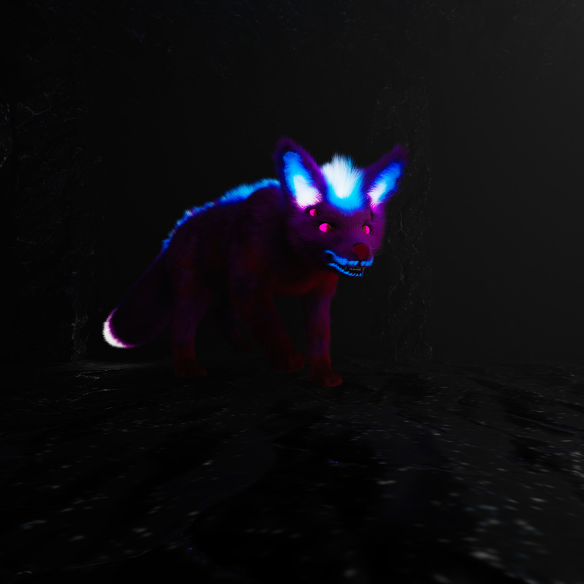 3d_(artwork) 4_eyes absurd_res after_transformation akaifox alice_(akaifox) angry baring_teeth blue_body blue_fur blue_markings canid canine cave digital_media_(artwork) female feral fox fur glowing glowing_body glowing_fur glowing_markings glowing_tail glowing_tail_tip hi_res mammal markings maya_(software) monster multi_eye predatory_look purple_body purple_fur purple_sclera red_body red_eyes red_fur smaller_version_at_source solo stalking teeth teeth_(marking) teeth_showing whiskers