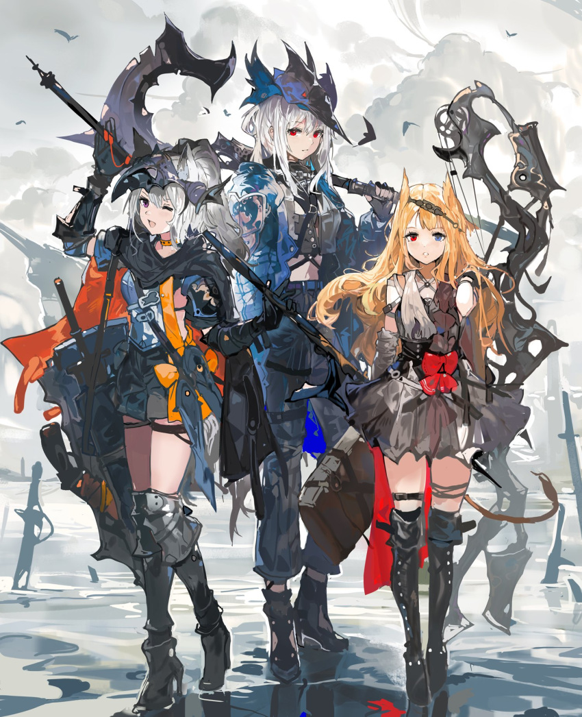 3girls :d adapted_costume alchemaniac animal_ears archetto_(arknights) arknights armor armored_boots bangs bird black_cape black_footwear black_gloves black_pants black_shorts blue_eyes blue_headwear blue_jacket boots bow bow_(weapon) breastplate cape chest_armor closed_mouth collar compound_bow crop_top dress full_body gauntlets gloves grani_(arknights) grey_dress grey_hair grey_shirt grey_sky hair_between_eyes hair_ornament hat heterochromia high-waist_skirt high_heels highres holding holding_polearm holding_weapon horse_ears jacket knee_guards leg_ribbon lion_tail long_hair long_sleeves looking_at_viewer multiple_girls one_eye_closed open_clothes open_jacket open_mouth orange_cape orange_collar orange_hair pants parted_lips planted planted_sword polearm ponytail purple_eyes red_bow red_eyes ribbon sheath sheathed shirt shorts skadi_(arknights) skirt smile sword tail thigh_boots thigh_ribbon thigh_strap thighs two-tone_cape visor_cap weapon weapon_case white_hair