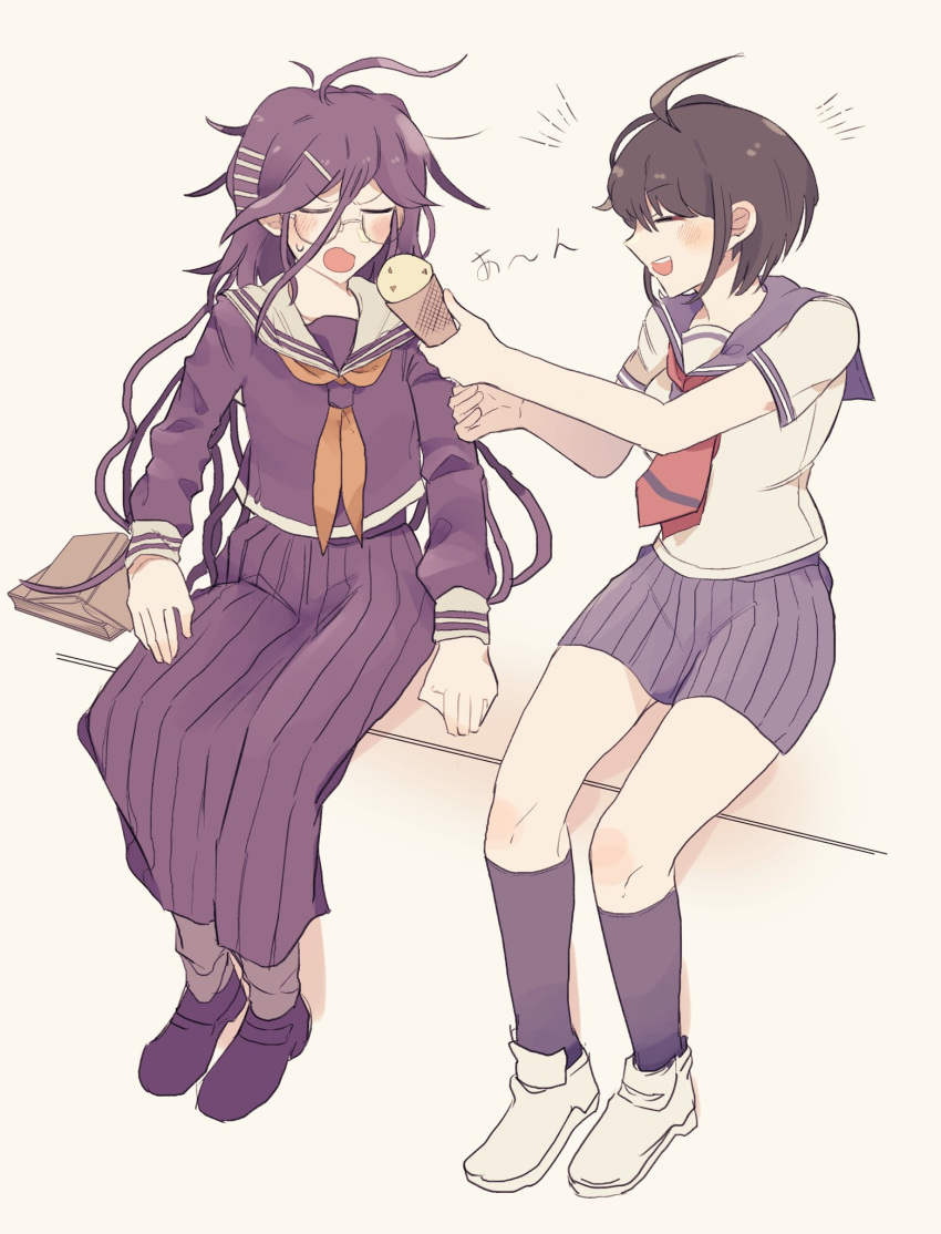 2girls :d bangs black_footwear black_socks blush brown_hair closed_eyes danganronpa_(series) danganronpa_another_episode:_ultra_despair_girls food fukawa_touko glasses grey_background hair_ornament hairclip happy highres holding holding_food ice_cream ice_cream_cone kneehighs long_sleeves messy_hair miniskirt multiple_girls naegi_komaru neckerchief necktie open_mouth pleated_skirt red_necktie sailor_collar shoes short_hair simple_background sitting skirt smile socks teeth translation_request upper_teeth uru... white_footwear