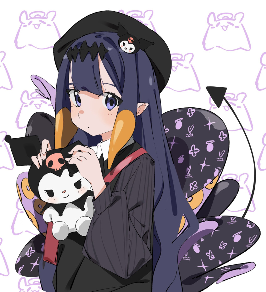 08chiwa 1girl bangs black_hairband black_headwear black_vest blonde_hair blunt_bangs character_hair_ornament closed_mouth doll hair_ornament hairband hat highres holding holding_doll hololive hololive_english kuromi long_hair long_sleeves looking_at_viewer multicolored_hair ninomae_ina'nis onegai_my_melody pointy_ears puffy_long_sleeves puffy_sleeves purple_eyes purple_hair solo streaked_hair tail takodachi_(ninomae_ina'nis) tentacles upper_body very_long_hair vest virtual_youtuber white_background