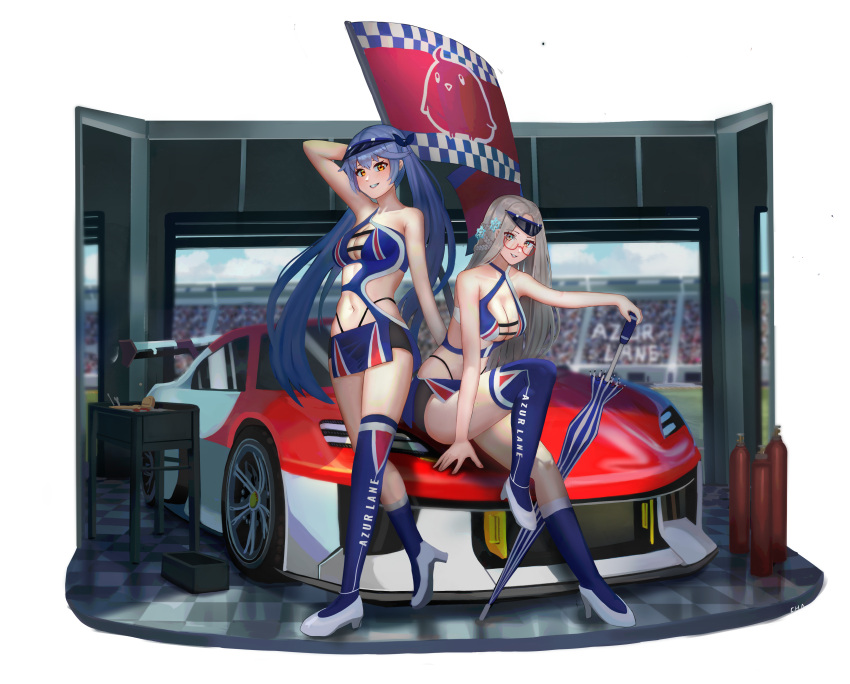 2girls absurdres alternate_costume arm_behind_head asymmetrical_legwear azur_lane breasts c.h.a car checkered_floor cleavage cleavage_cutout closed_umbrella clothing_cutout commentary_typo essex_(azur_lane) flag full_body grey_hair ground_vehicle highres large_breasts long_hair looking_at_viewer microskirt motor_vehicle multiple_girls navel_cutout orange_eyes purple_hair purple_skirt purple_socks purple_thighhighs race_queen race_vehicle racecar red-framed_eyewear revealing_clothes semi-rimless_eyewear shangri-la_(azur_lane) sitting skirt smile socks spoiler_(automobile) sports_car standing teeth thighhighs transparent_background umbrella white_footwear