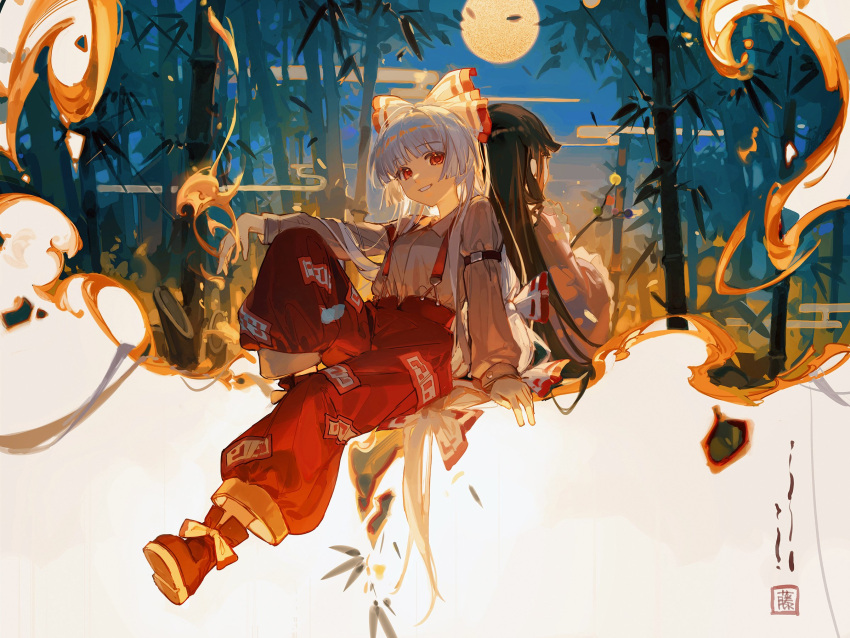 2girls arm_on_knee arm_strap arm_support back-to-back baggy_pants bamboo bamboo_forest bangs black_hair blunt_bangs boots bow branch ciloranko collared_shirt commentary fire footwear_bow forest frilled_sleeves frills fujiwara_no_mokou full_body full_moon grin highres houraisan_kaguya jeweled_branch_of_hourai knee_up long_hair long_sleeves looking_at_viewer moon multiple_girls nature night ofuda ofuda_on_clothes pants pink_shirt red_bow red_eyes red_footwear red_pants shirt signature sitting smile suspenders touhou two-tone_bow very_long_hair white_bow white_hair white_shirt