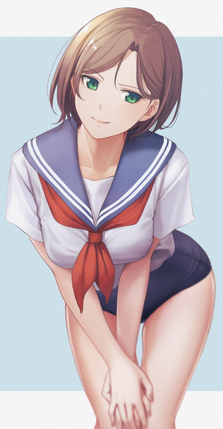 1girl blue_background blue_sailor_collar blue_swimsuit brown_hair c-eye closed_mouth collared_shirt green_eyes hands_on_own_knees highres leaning_forward looking_at_viewer neckerchief original red_neckerchief sailor_collar sailor_shirt school_swimsuit shiny shiny_hair shirt short_hair short_sleeves smile solo standing swimsuit thigh_gap white_shirt