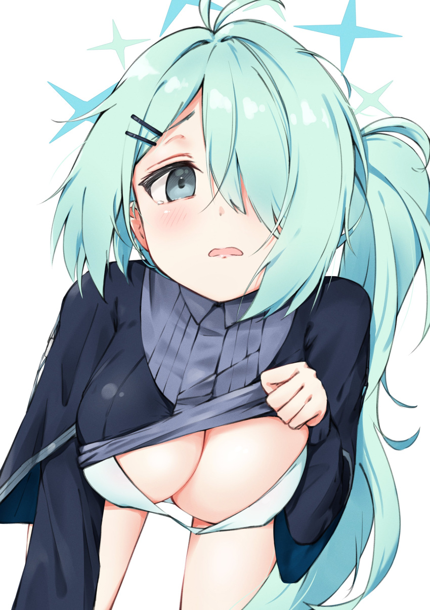 1girl absurdres asymmetrical_bangs bangs black_sweater blue_archive blush breasts clothes_lift collared_shirt green_eyes hair_over_one_eye halo highres hiyori_(blue_archive) komasi large_breasts light_green_hair long_hair long_sleeves looking_at_viewer open_mouth parted_bangs shirt side_ponytail solo sweater sweater_lift tears