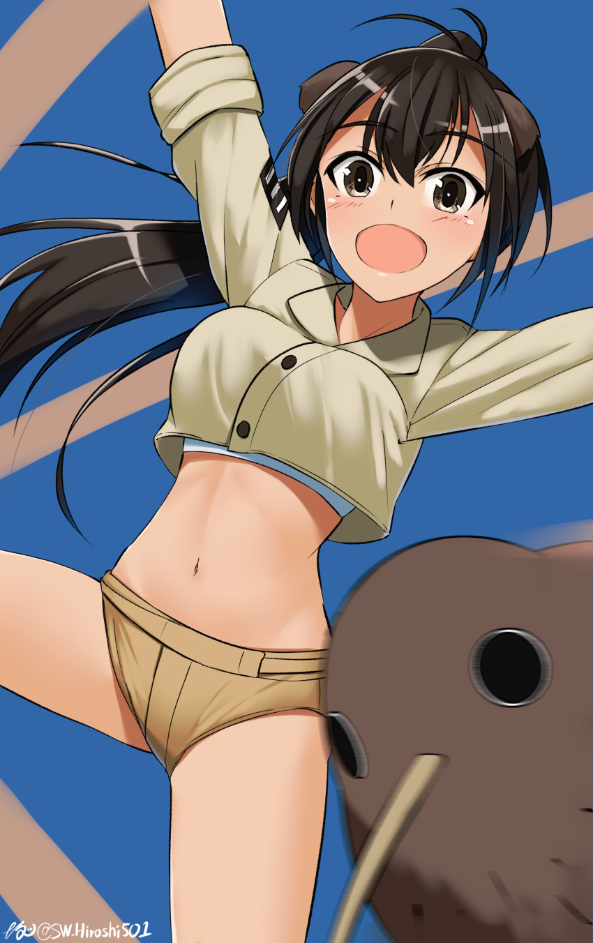 1girl absurdres artist_name bird black_hair blue_background blush breasts brown_eyes brown_shorts highres hiroshi_(hunter-of-kct) kiwi_(bird) large_breasts long_hair looking_at_viewer luminous_witches manaia_matawhaura_hato midriff navel open_mouth ponytail shiny shiny_hair shiny_skin shorts simple_background smile wing_ears world_witches_series