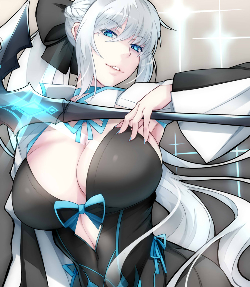 1girl bangs black_bow black_dress blue_eyes bow braid breasts cleavage dress fate/grand_order fate_(series) french_braid grey_hair hair_bow highres large_breasts long_hair long_sleeves looking_at_viewer morgan_le_fay_(fate) ponytail shimeno_puni sidelocks smile solo staff two-tone_dress very_long_hair white_dress wide_sleeves