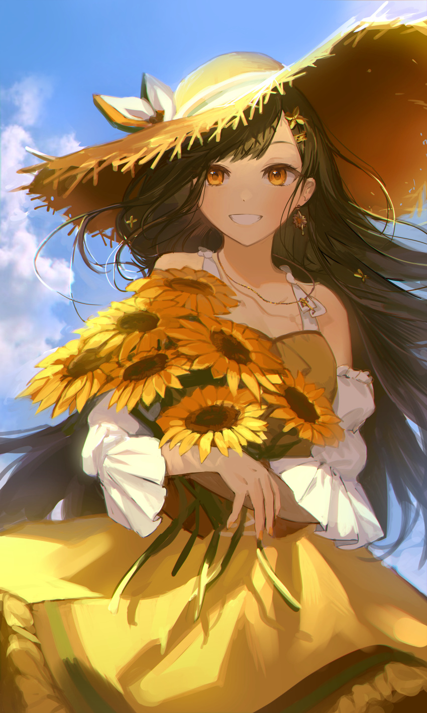 1girl absurdres bangs blue_sky bouquet bow brown_hair cloud day detached_sleeves dress earrings floating_hair flower grin hair_flower hair_ornament hat hat_bow highres holding holding_bouquet jewelry long_hair long_sleeves looking_at_viewer nannaspad orange_eyes outdoors project_sekai shiraishi_an sky sleeveless sleeveless_dress smile solo straw_hat summer sun_hat sundress sunflower swept_bangs very_long_hair white_bow white_sleeves yellow_dress yellow_flower yellow_headwear