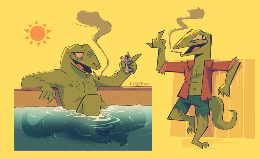 anthro bared_chest beverage_can body_hair chest_hair clothing desert_folk exposed_chest gesture hi_res hot_tub lizard male middle_finger nude reptile scalie skinny_dipping smoking solo stellizard torn_clothing