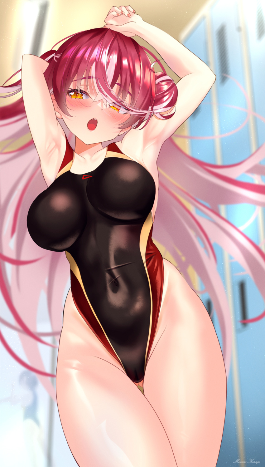 1girl ass_visible_through_thighs black_swimsuit breasts commentary_request competition_swimsuit covered_navel cowboy_shot hair_bun highleg highleg_swimsuit highres hololive houshou_marine indoors locker locker_room long_hair looking_at_viewer medium_breasts mizuno_kurage multicolored_clothes multicolored_swimsuit one-piece_swimsuit open_mouth red_hair solo swimsuit thigh_gap virtual_youtuber yellow_eyes