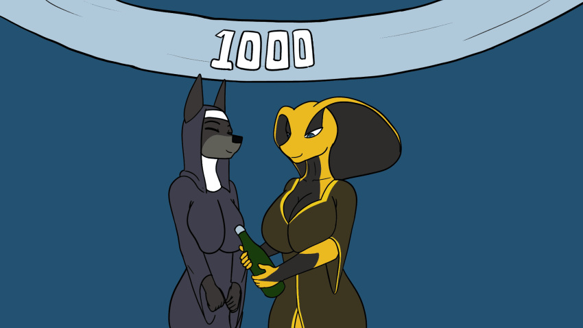 alcohol animated anthro beverage breast_jiggle canid canine canis celebration champagne champagne_bottle circe domestic_dog duo euphemism female female/female flat_colors francine_(ruanshi) hi_res jiggling kissing mammal milestone public reptile ruanshi scalie snake surprise_kiss wet