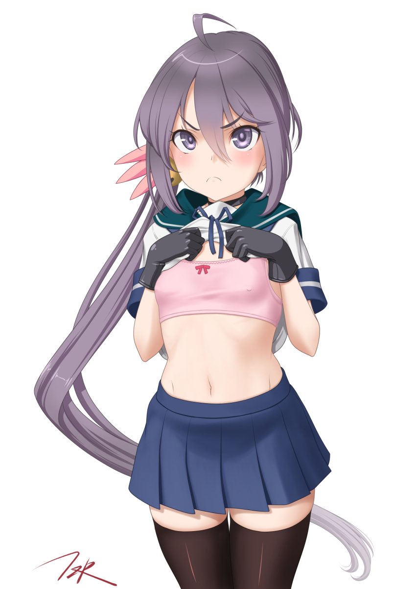 1girl akebono_(kancolle) akebono_kai_ni_(kancolle) artist_name bell black_choker black_gloves blue_skirt bra choker clothes_lift commentary_request flower gloves hair_bell hair_flower hair_ornament highres jingle_bell kantai_collection long_hair looking_at_viewer navel pink_bra pleated_skirt purple_eyes purple_hair school_uniform serafuku shirt_lift short_sleeves side_ponytail simple_background skirt solo t2r thighhighs training_bra underwear very_long_hair white_background