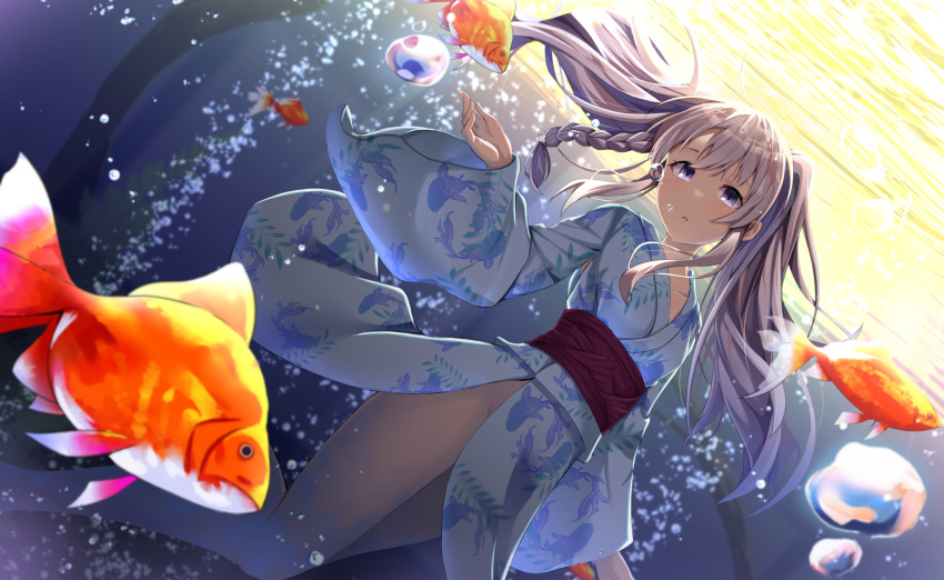 1girl air_bubble animal_print blue_kimono braid bubble cac_itinose collarbone commentary_request dutch_angle fish fish_print goldfish goldfish_print grey_hair highres idolmaster idolmaster_shiny_colors japanese_clothes kimono long_hair long_sleeves obi parted_lips print_kimono purple_eyes sash solo underwater water wide_sleeves yukata yukoku_kiriko