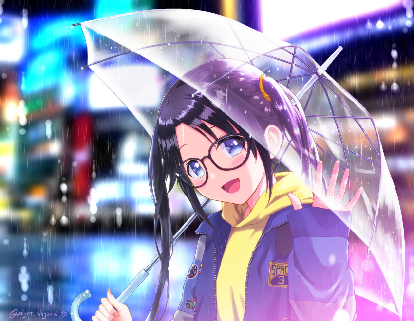 1girl black_hair blue_eyes blue_jacket blurry blurry_background commentary_request glasses highres hood hoodie idolmaster idolmaster_shiny_colors jacket long_hair looking_at_viewer m-shiganai mitsumine_yuika nail_polish night rain real_world_location shibuya_(tokyo) solo tokyo_(city) transparent transparent_umbrella twintails umbrella upper_body waving yellow_hoodie