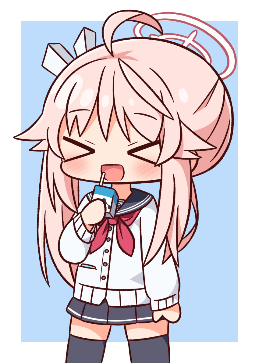 &gt;_&lt; 1girl :d ahoge bangs black_sailor_collar black_skirt black_thighhighs blue_archive blue_background blush cardigan chibi closed_eyes drinking_straw facing_viewer halo hana_kazari hand_up highres holding long_sleeves milk_carton natsu_(blue_archive) neckerchief pink_hair pleated_skirt puffy_long_sleeves puffy_sleeves red_neckerchief sailor_collar side_ponytail skirt sleeves_past_wrists smile solo thighhighs two-tone_background white_background white_cardigan xd