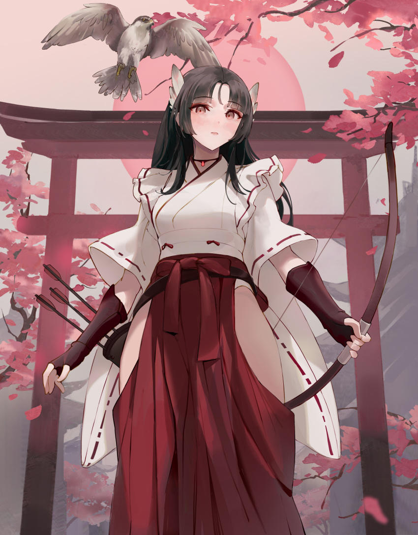 1girl absurdres arrow_(projectile) artist_name bangs bird black_hair blunt_bangs bow_(weapon) choker chowbie feather_hair_ornament feathers fingerless_gloves gloves hair_ornament hakama hakama_skirt hawk highres hip_vent holding holding_bow_(weapon) holding_weapon japanese_clothes long_hair looking_at_viewer nontraditional_miko original outdoors petals quiver red_hakama ribbon-trimmed_sleeves ribbon_trim signature skirt solo torii tree weapon