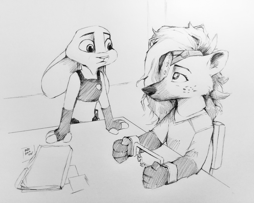 absurd_res anthro badge bound chair clothing disney duo female female/female files furniture gloves hair handwear helena_(bonk6) hi_res hyaenid inked_drawing interrogation judy_hopps lagomorph leporid long_hair mammal rabbit redink_art table zootopia