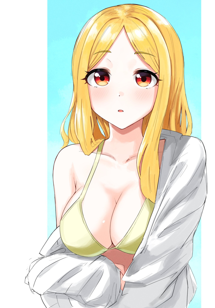 1girl :o ban_(puka_0507) bangs bikini blonde_hair blush breasts cleavage collarbone gradient_eyes highres idolmaster idolmaster_cinderella_girls long_hair looking_up medium_breasts mochizuki_hijiri multicolored_eyes parted_bangs sidelocks simple_background sketch solo straight_hair swimsuit