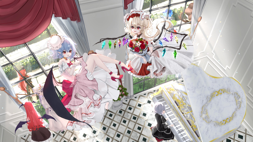 6+girls :d absurdres ankle_cuffs anniversary bat_wings black_choker black_dress black_skirt blue_bow blue_hair blue_ribbon blush bonnet bouquet bow bow_choker brooch choker cirno commentary crescent crescent_hat_ornament crystal curtains daisy daiyousei darkness demon_wings dress embodiment_of_scarlet_devil flandre_scarlet flat_cap floating_hair flower flying frilled_dress frills green_hair green_headwear green_skirt green_vest grey_hair hair_between_eyes hair_bow hair_flower hair_ornament hat hat_ornament hat_ribbon head_wings hedge high_heels highres holding holding_bouquet hong_meiling ice ice_wings indoors instrument izayoi_sakuya jewelry juliet_sleeves koakuma lace-trimmed_dress lace_trim layered_dress lily_(flower) long_hair long_sleeves looking_at_another maid_headdress medium_hair mob_cap multiple_girls music one_side_up open_mouth own_hands_together patchouli_knowledge piano piano_bench pink_dress pink_flower pink_rose playing_instrument playing_piano pointy_ears puffy_sleeves purple_dress purple_eyes purple_hair red_dress red_eyes red_flower red_footwear red_hair red_ribbon red_rose remilia_scarlet ribbon rie_inthanin rose rumia scarlet_devil_mansion skirt skirt_hold sleeve_cuffs smile teeth touhou tulip upper_teeth very_long_hair vest white_bow white_dress white_flower white_headwear window wings wrist_cuffs yellow_bow yellow_collar
