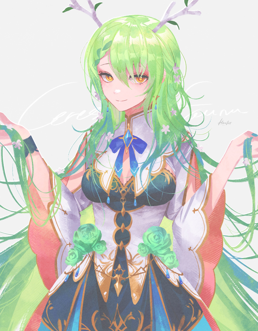 1girl absurdres antlers bangs blue_bow blue_bowtie blue_dress bow bowtie breasts ceres_fauna character_name closed_mouth dress flower green_flower green_hair green_nails green_rose hair_between_eyes hair_flower hair_ornament handot_(d_yot_) highres holding holding_hair hololive hololive_english large_breasts leaf long_hair long_sleeves looking_at_viewer nail_polish rose simple_background smile solo very_long_hair virtual_youtuber white_dress white_flower wide_sleeves yellow_eyes
