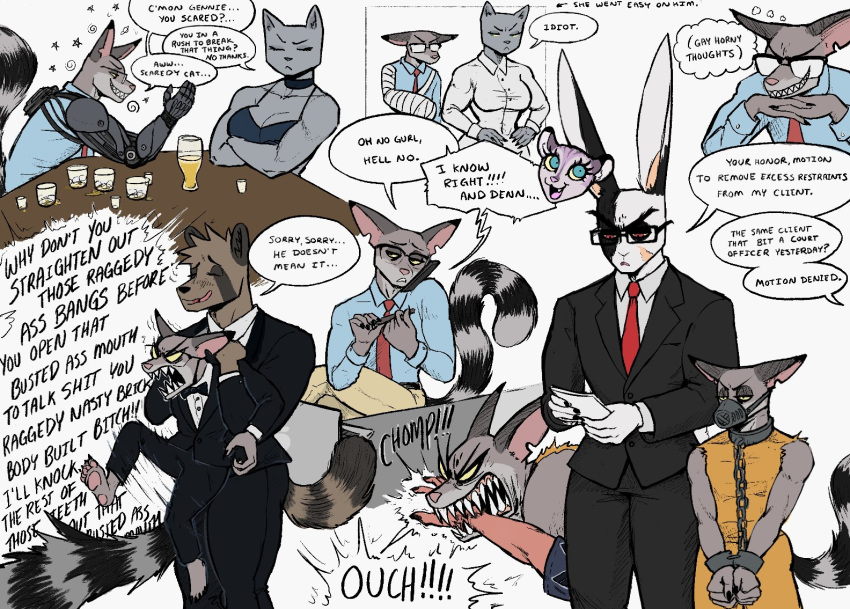 alcohol aniya_(eebahdeebah) anthro beer beverage bionic_arm bionics bite black_body black_fur black_tie_(suit) bow_tie broken_arm brown_body brown_fur cacomistle canid canine carrying_partner choker clothing cuff_(restraint) cybernetic_arm cybernetic_limb dialogue dialogue_box domestic_cat eebahdeebah eyes_closed eyewear fangs felid feline felis female filing_nails fur gennie_(eebahdeebah) glasses grey_body grey_fur group half-closed_eyes handcuffed holding_back humor jewelry kubo_(eebahdeebah) lagomorph lars_(eebahdeebah) leporid male mammal markings motion_lines multicolored_body multicolored_fur muscle_tone muscular muscular_anthro muscular_male muzzle_(object) muzzled narrowed_eyes necklace necktie niko_(eebahdeebah) office_clothing open_mouth open_smile pawpads paws pink_pawpads prison_jumpsuit procyonid rabbit raccoon_dog restraints ring_(marking) ringtail scar sharp_teeth shirt simple_background smile smirk smug smug_face smug_grin suit tail_markings tank_top tanuki teeth topwear two_tone_body two_tone_fur whiskey white_background wrist_cuffs