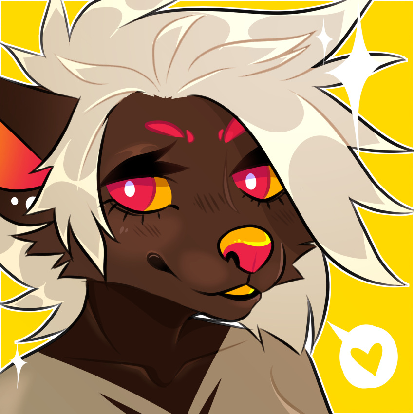&lt;3 2019 anthro avis_(epicfacepowwaa) black_eyelashes border brown_body brown_ears brown_fur brown_tuft by canid canine creative_commons digital_drawing_(artwork) digital_media_(artwork) epicfacepowwaa eyebrows female fur hair head_tuft headshot_portrait hi_res mammal nude outline pink_eyebrows pink_inner_ear pink_nose pink_pupils portrait pupils simple_background solo sparkles sparkling_character tan_body tan_fur tuft white_border white_hair white_outline yellow_background yellow_eyes yellow_nose