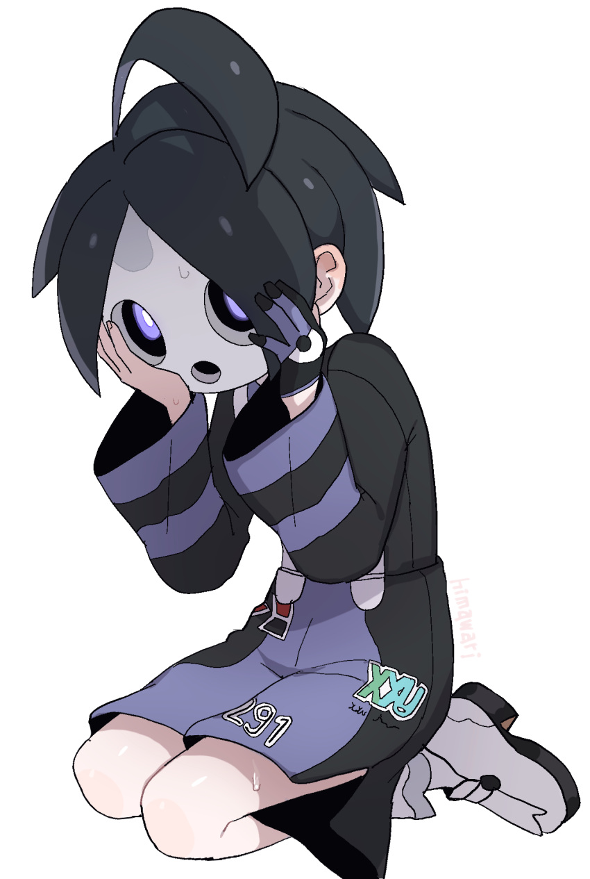 1boy ahoge allister_(pokemon) black_hair black_shirt black_shorts bright_pupils commentary_request full_body gloves hands_up highres himawari_(kawaisounaedesu) long_sleeves male_focus mask partially_fingerless_gloves pokemon pokemon_(game) pokemon_swsh purple_eyes shirt shoes short_hair shorts side_slit side_slit_shorts signature simple_background single_glove socks solo suspender_shorts suspenders sweat white_background white_footwear