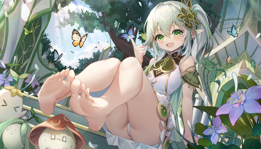 &gt;_&lt; 1girl :d absurdres armlet bare_arms bare_legs barefoot blush bug butterfly commentary_request dress feet feet_up flower foot_focus foreshortening fujiko_sugi fungi_(genshin_impact) genshin_impact gradient_hair green_eyes green_hair hair_between_eyes hair_ornament highres index_finger_raised leaf long_hair looking_at_viewer multicolored_hair nahida_(genshin_impact) nature open_mouth outdoors panties plant revision side_ponytail sitting sleeveless sleeveless_dress smile soles solo toes tree underwear white_dress white_hair white_panties