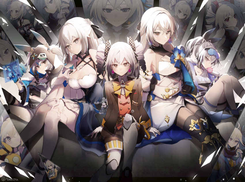 6+girls animal_hood black_pantyhose blue_gloves bow breasts bronya_rand bronya_zaychik bronya_zaychik_(black_nucleus) bronya_zaychik_(drive_kometa) bronya_zaychik_(haxxor_bunny) bronya_zaychik_(herrscher_of_reason) bronya_zaychik_(silverwing:_n-ex) bronya_zaychik_(snowy_sniper) bronya_zaychik_(valkyrie_chariot) bronya_zaychik_(wolf's_dawn) character_request chewing_gum cleavage commentary_request company_connection drill_hair earrings glass_shards gloves grey_eyes grey_hair hair_bow highres holographic_interface homu_(honkai_impact) honkai:_star_rail honkai_(series) honkai_impact_3rd hood jewelry large_breasts long_sleeves medium_breasts mihoyo multiple_girls multiple_persona pantyhose prosthesis prosthetic_leg rabbit_hood shorts silver_wolf_(honkai:_star_rail) small_breasts tare_(tonikaku_magaru) thigh_strap thighhighs white_thighhighs