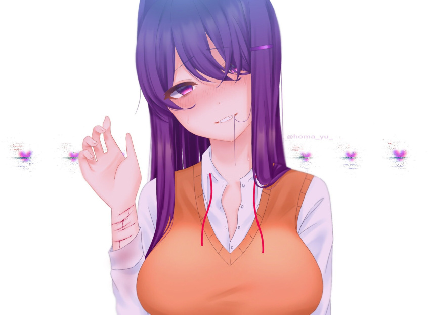 1girl bangs blood blush breasts collared_shirt doki_doki_literature_club hair_in_mouth hair_ornament hairclip head_tilt highres injury large_breasts long_hair purple_eyes purple_hair saihara_homare school_uniform self_harm shirt smile solo sweat sweater_vest undone_neck_ribbon wrist_cutting yuri_(doki_doki_literature_club)